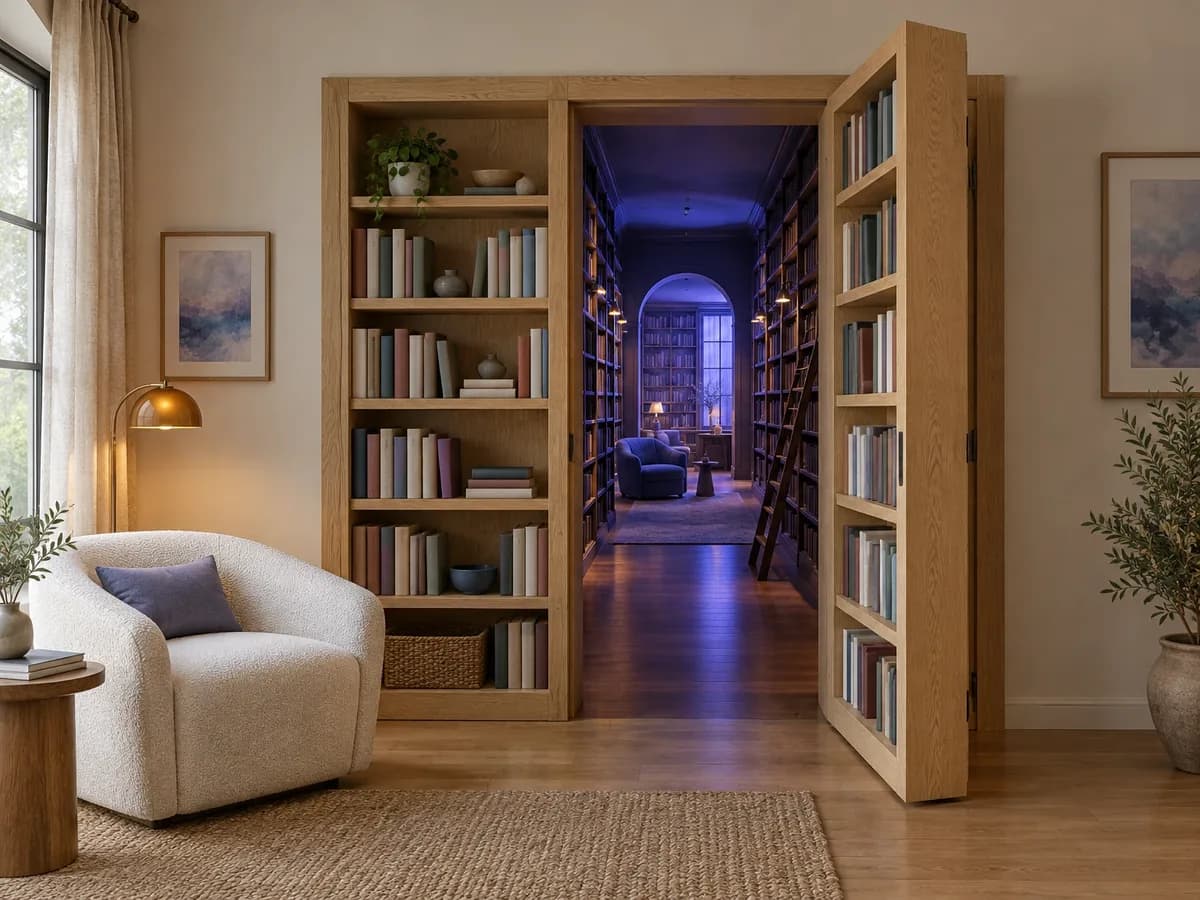 An oak bookcase door opens from a cozy reading nook into a softly glowing library.