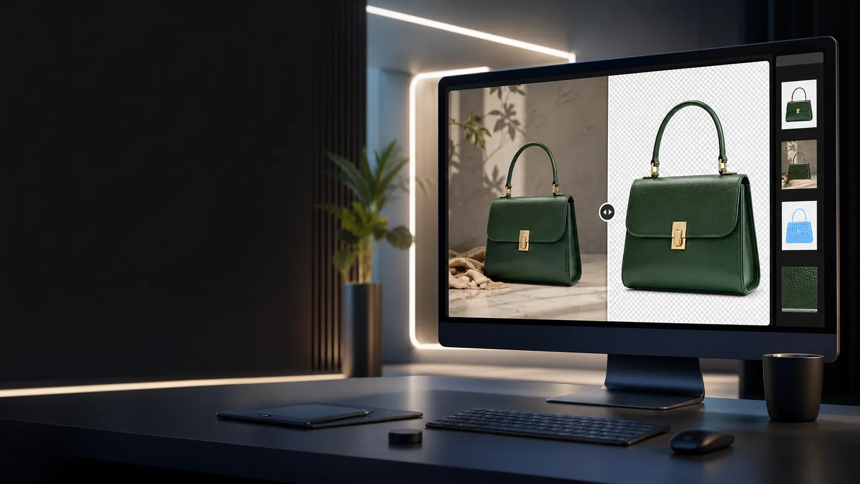 Before and after product image edit in an AI image editing workspace